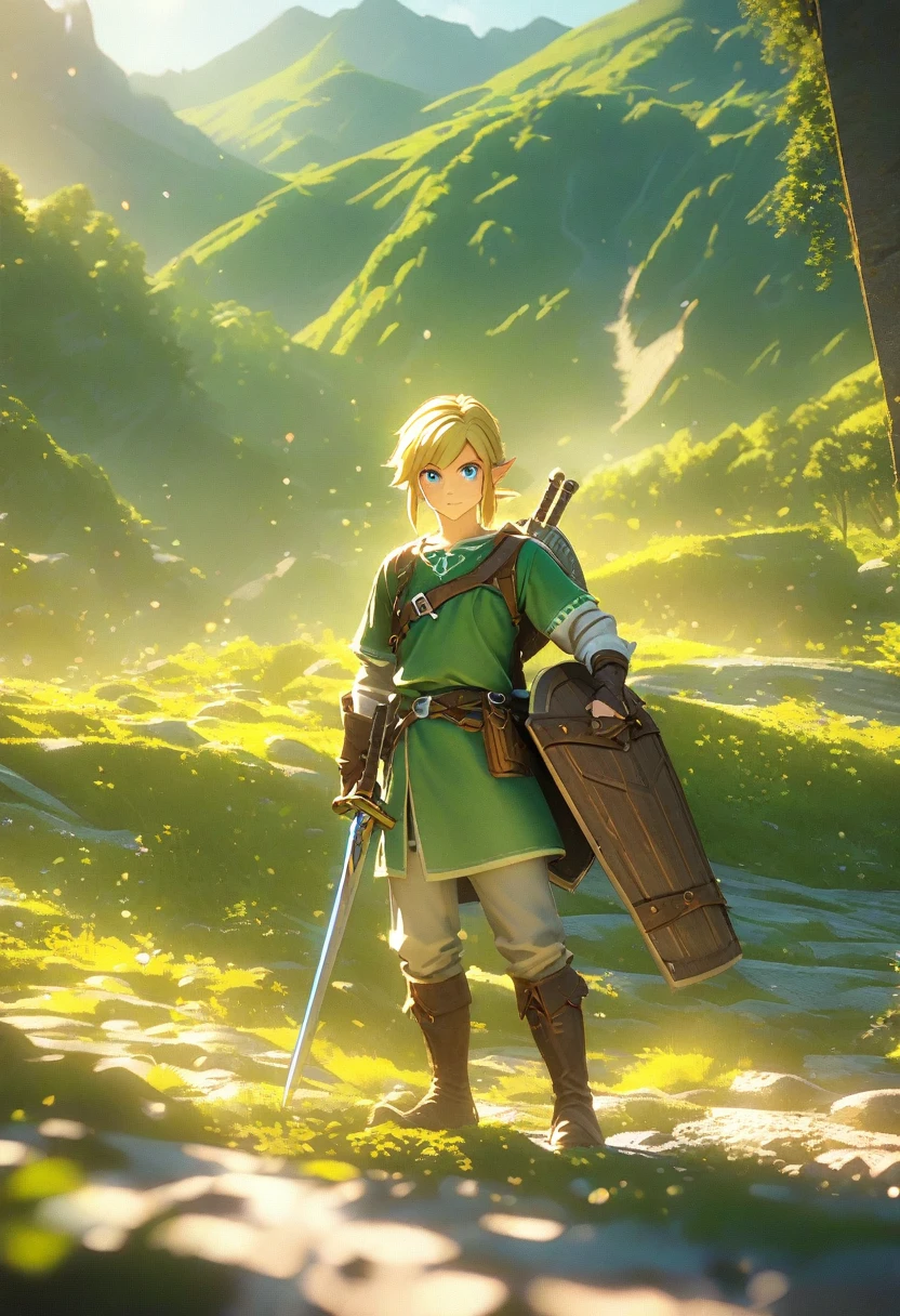Detailed portrait of Link, The protagonist of the Legend of Zelda series, 1 boy, Detailed facial features, Sharp blue eyes, well defined jawline, Blonde hair, Risky expression, Wearing a green tunic, Leather Boots, Sword and Shield, Immerse yourself in an epic fantasy landscape, Rolling Hills, Dense forest, Majestic mountains, Dramatic Lighting, Composition, award winning digital art, Art Station, Concept Art, Octane Rendering, Unreal Engine, 8K, 