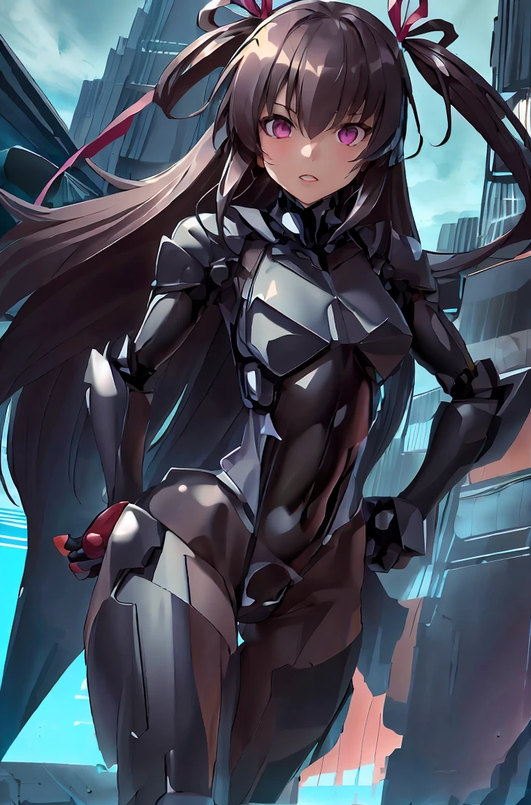 (masterpiece, best quality, detailed), 1girl, solo, looking at viewer, mizuki yukikaze, hair ribbon,
stealthtech, cutting edge, scifi, bodysuit, shoulder armor, interface headset, sleek angular, alleyway, industrial pipe, building, urban, power lines, cloudy sky, sign, dark, night, dutch angle, hands on hips, parted lips