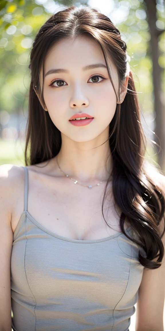 masterpiece, best quality, Surreal, Ultra Detailed, 8k resolution, RAW photos, Clear focus, (A girl in the forest), ((light gray shirt)), sleeveless, sports Shorts,, Solitary, Perfect body, Perfect body, Playful and flirty pose,(Upper body photo,:1.5),Bangs to eyebrows、Beautiful brown hair、Beautiful and delicate eyes、Brown eyes、Raise an eyebrow、Bangs to eyebrows、Beautiful brown hair、Beautiful and delicate eyes、Brown eyes、Raise an eyebrow、High Nose、Small nostril、Little mouth、Tempting lips、Mouth slightly open、Beautiful breasts、Full body、Oval face,Phoenix Eyes,Eyebrow, Double eyelids, Long eyelashes, A faint smile, ,She has a pair of eyes as clear as water,Eyebrows are like distant mountains,Creamy skin,Lips like cherry blossoms。Her beauty is not only in appearance,It's more about her fragile yet tenacious temperament,Like a hibiscus flower swaying in the wind,It's pitiful, A faint smile,
32 inches in the chest,(a charming smile:1), (sexy pose),26 years old, light,White shoes,