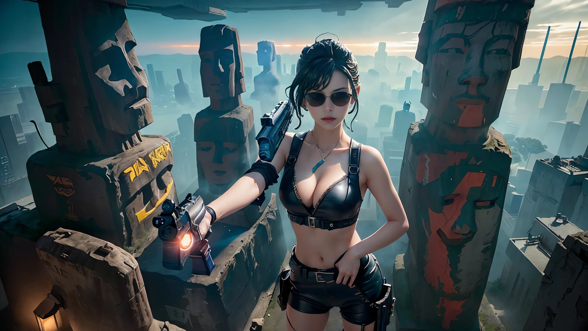 At night, dark sky, aerial view of fantasy cyberpunk style ((Moai-statue)) city, ((flying vehicle)). ((1girl, solo, alone)), photo realistic, medium-breast:1.1 slim body, cleavage, sexy clothes, (black sunglasses), (((hip-up standing and pistol aiming pose))), half-body thigh level medium shot, cinematic lighting.
