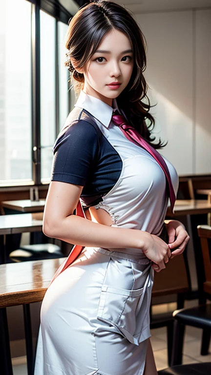 (8K, RAW Photos, 最high quality, masterpiece: 1.2), (Realistic, photoRealistic: 1.37), 1 A woman wearing a waitress uniform standing on the sidewalk, , Professional Lighting, Photon Mapping, , Brazilian women, Torn, Sommelière、, Sommelièreのユニホーム、,At a fine dining restaurant, Larger breasts、Incredibly beautiful face、masterpiece, 最high quality, high quality, High resolution, big , (Face close-up),working at a restaurant、Carry dishes、Hair is tied、Updo、Tie your hair tightly、
