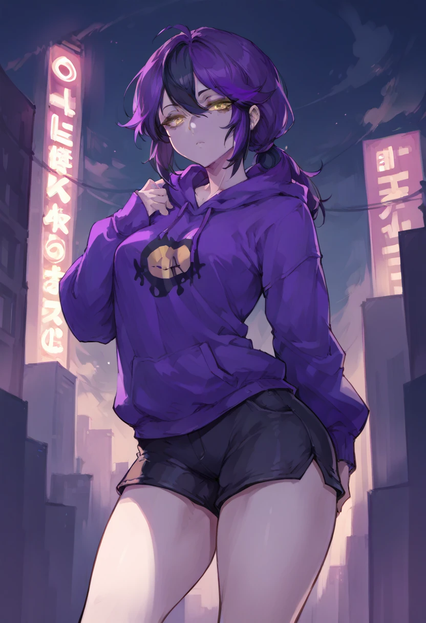 score_9, score_8_up, score_7_up, score_6_up, score_5_up, score_4_up, BREAK source_anime,rating_risky, a girl, thin, pale skin, skinny, tired expression, low ponytail, purple hair, yellow eyes, eye bags, tired expression, purple hoodie, thick thighs, black shorts, tight clothing, bold comic style, city background, purple clothes with black highlights, nighttime, neon lights, hard lighting
