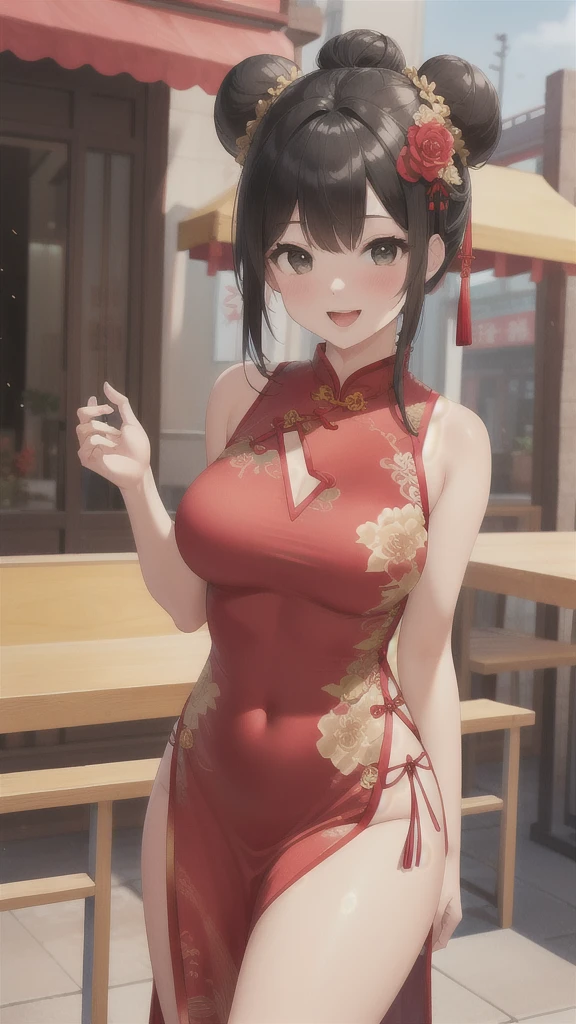 a beautiful woman, City,(Standard red silk cheongsam), (flower buns), (gold embroidery thread), (Such), Outdoor Chinese restaurant, Open your mouth and smile, ((black hair)), Little blush, side, (Chest), Reflex hip,