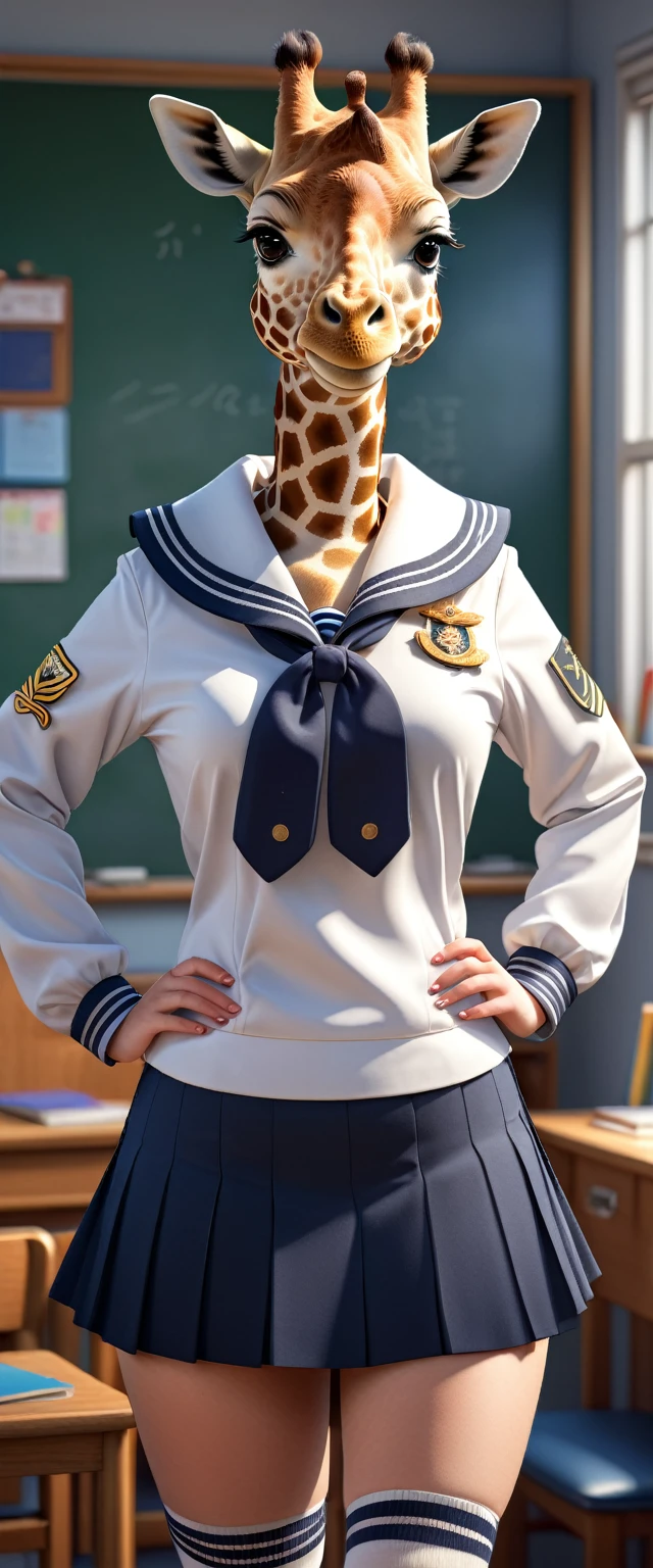  photorealistic portrait of Dressed animals-a ((fat)) ((giraffe)) student,(furry), (elegant pose:1.5), (hands on hips:1.5),(smile:1.5),high quality,(),(lovely) ,intricate details, Wearing Japanese sailor uniform , (short skirt), highly detailed ((female sailor  uniform)) ,highly detailed clothes, high sox , (happy), soft lighting,(full body image:2.0),in classroom background,clouds,score_9, score_8_up, score_7_up, score_6_up, score_5_up, score_4_up,