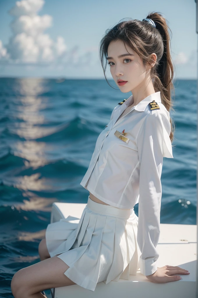 (((best quality))),(((ultra detailed))),(((masterpiece))),illustration,((1girl,naval officer,solo)),(short ponytail:1.2),((slim,thin)),((small breasts,flat chest)),(white collared short-sleeved shirt:1.3),(white pleated skirt:1.2),vibrant colors,ocean background,(on the warship:1.3),majestic,turquoise waves,sun reflection,white clouds,sky,brilliant shade of blue,confident posture,gaze fixed on horizon,wind,gently blows hair,stray strands,flutter in breeze,adventure,excitement,unknown waters,beauty,strength,determination,female power,resilience,striking looks,powerful setting,sea,captivating,inspiring image,viewer,drawn to presence,challenging environment,military service,bravery,dedication,((from front,upper body))