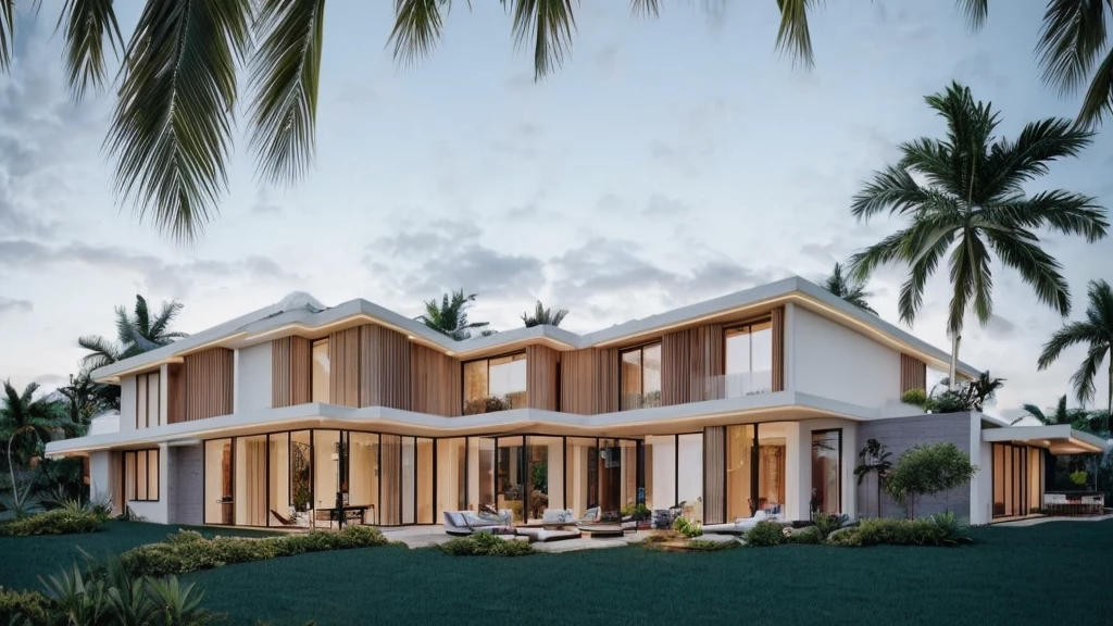 Elegant one-story, long, white cement mixed with wood house., Looks like the letter L, curved,It looks like a room.,medium sized back,beautiful,On the dark green grass,Shady atmosphere,Surrounded by low coconut trees.,Daytime,Photo taken from an angle of 45