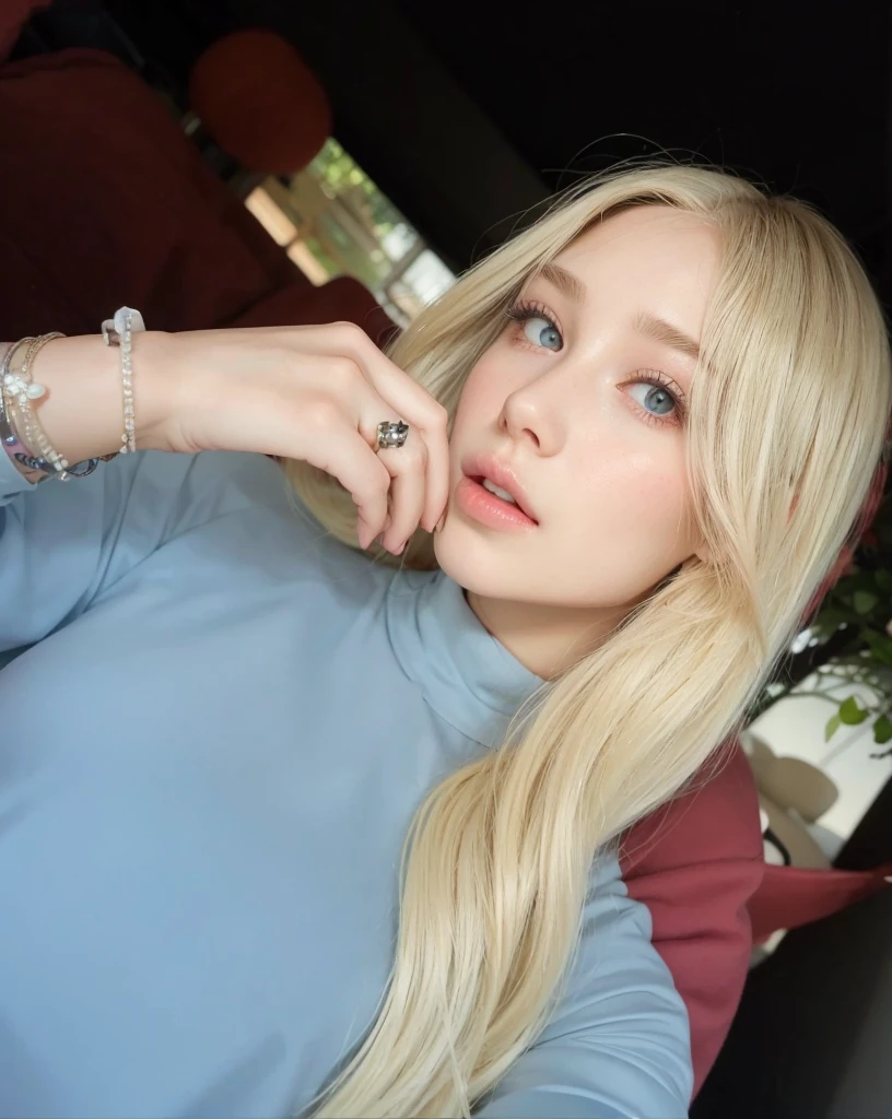 Beautiful girl with platinum blonde hair and beautiful defined waves, round and beautiful eyes, big pink lips, has an angelic face.