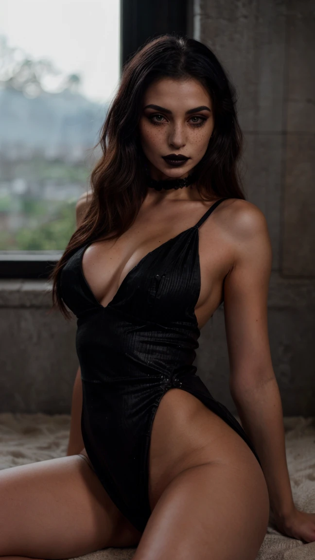 (best quality, hyperdetailed photography:1.2), beautiful white lady, ((dark black lipstick)), freckles, gothic makeup, green eyes, soft light, skinny figure, cover, (detailed beautiful face, detail skin texture, ultra-detailed body:1.1) sexy vampire women, full body photography (sitting with open legs), with black elegant and sexy dress