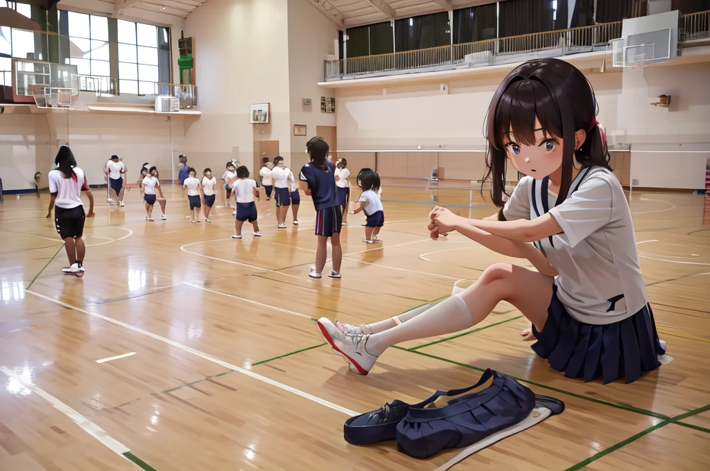 A female student in a sailor uniform is watching a physical education class in the gymnasium because she is feeling unwell