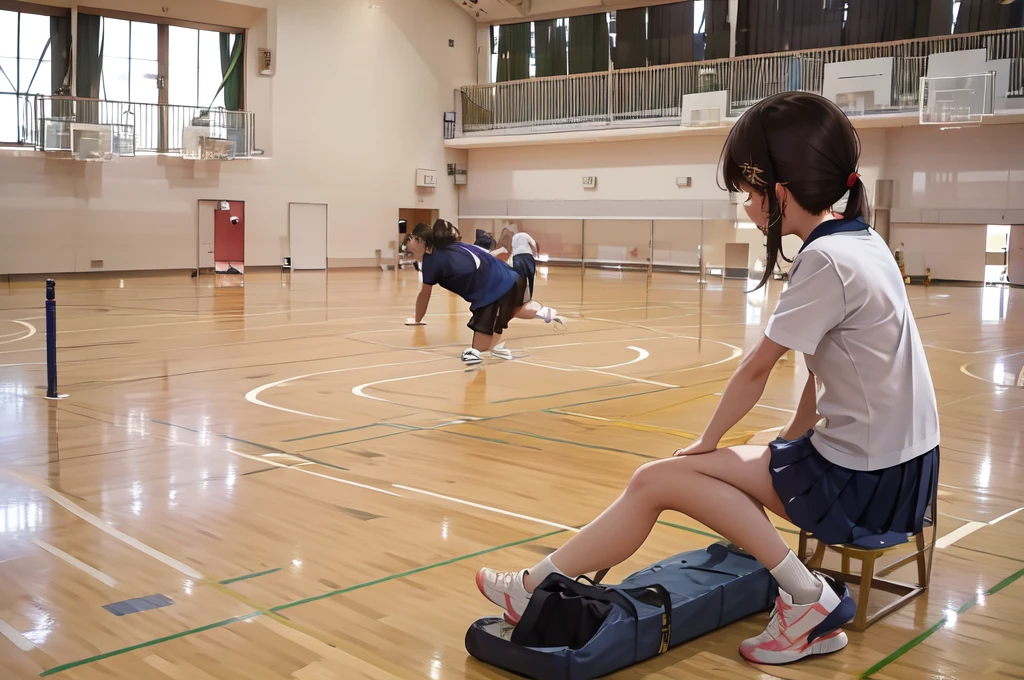 A female student in a sailor uniform is watching a physical education class in the gymnasium because she is feeling unwell