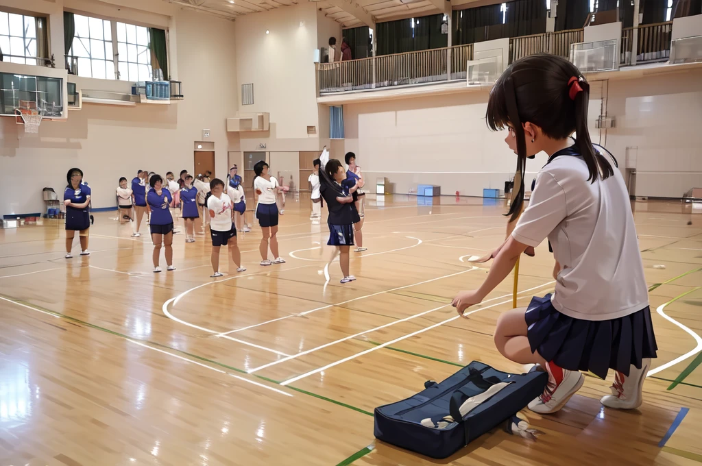 A female student in a sailor uniform is watching a physical education class in the gymnasium because she is feeling unwell