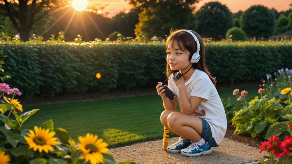 a small kitten looking at the sun rise at a garden with wearing a headset the sun is rising