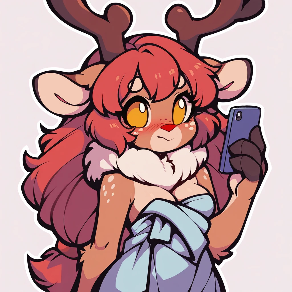 Score_9_presence, score_8_up, 1girl, breasts, blush, furry, furry female, cute, red hair, horns, freckles, antlers, fur trim, fur collar, small breasts, cleavage, deer ears, body fur, animal ears, reindeer antlers, yellow eyes, wrapped in towel, holding phone, long hair,