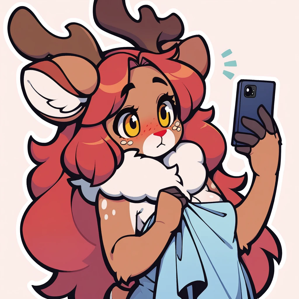 Score_9_presence, score_8_up, 1girl, breasts, blush, furry, furry female, cute, red hair, horns, freckles, antlers, fur trim, fur collar, small breasts, cleavage, deer ears, body fur, animal ears, reindeer antlers, yellow eyes, wrapped in towel, holding phone, long hair,