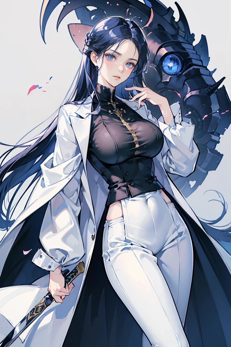 anime - (masterpiece), best quality, seductive eyes, mature face, blue eyes, long length dark blue hair, black suit, white pants, white coat, sword on left hip, tall woman, long legs, adult-like female, 1girl, big breast, smug face
