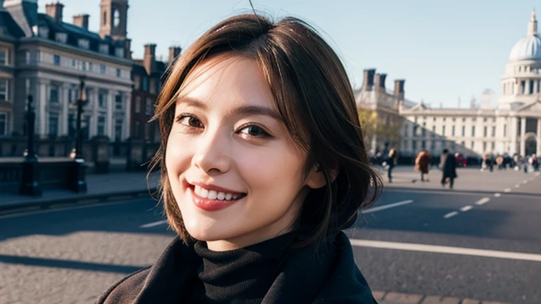 masterpiece, Highest quality, Realistic, Super detailed, In detail, High resolution, 8k wallpaper, One beautiful woman, Light brown hair, Sharp focus, Perfect dynamic composition, Beautiful attention to detail, Fine hair, Detailed and realistic skin texture, smile, Portraiture, Model Body Type, Take a walk around London, A dark blue turtleneck and a knee-length Glen check skirt