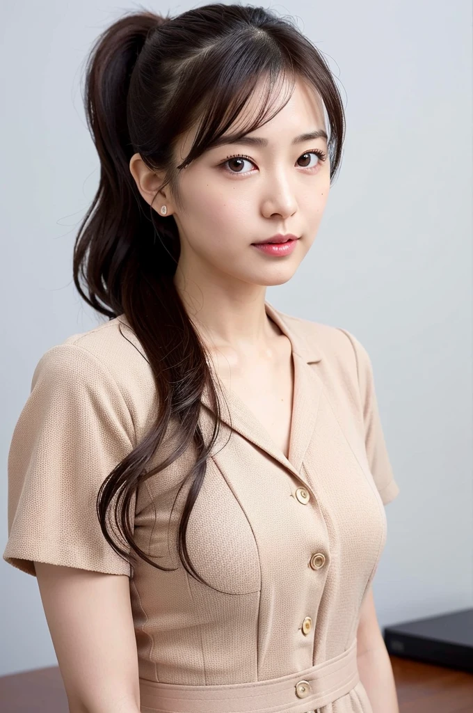 Mature Japanese,ponytail,Office Clothes,Age 35,Erotic style,So cute,whole body,Perfect face with soft skin,Gorgeous long brown hair,8K resolution,Ultra-realistic,Super detailed,high quality,Erotic beautiful Japanese woman in fashionable clothes,(Look at the viewers)