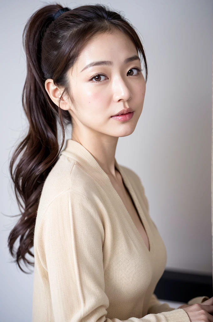 Mature Japanese,ponytail,Office Clothes,Age 35,Erotic style,So cute,whole body,Perfect face with soft skin,Gorgeous long brown hair,8K resolution,Ultra-realistic,Super detailed,high quality,Erotic beautiful Japanese woman in fashionable clothes,(Look at the viewers)