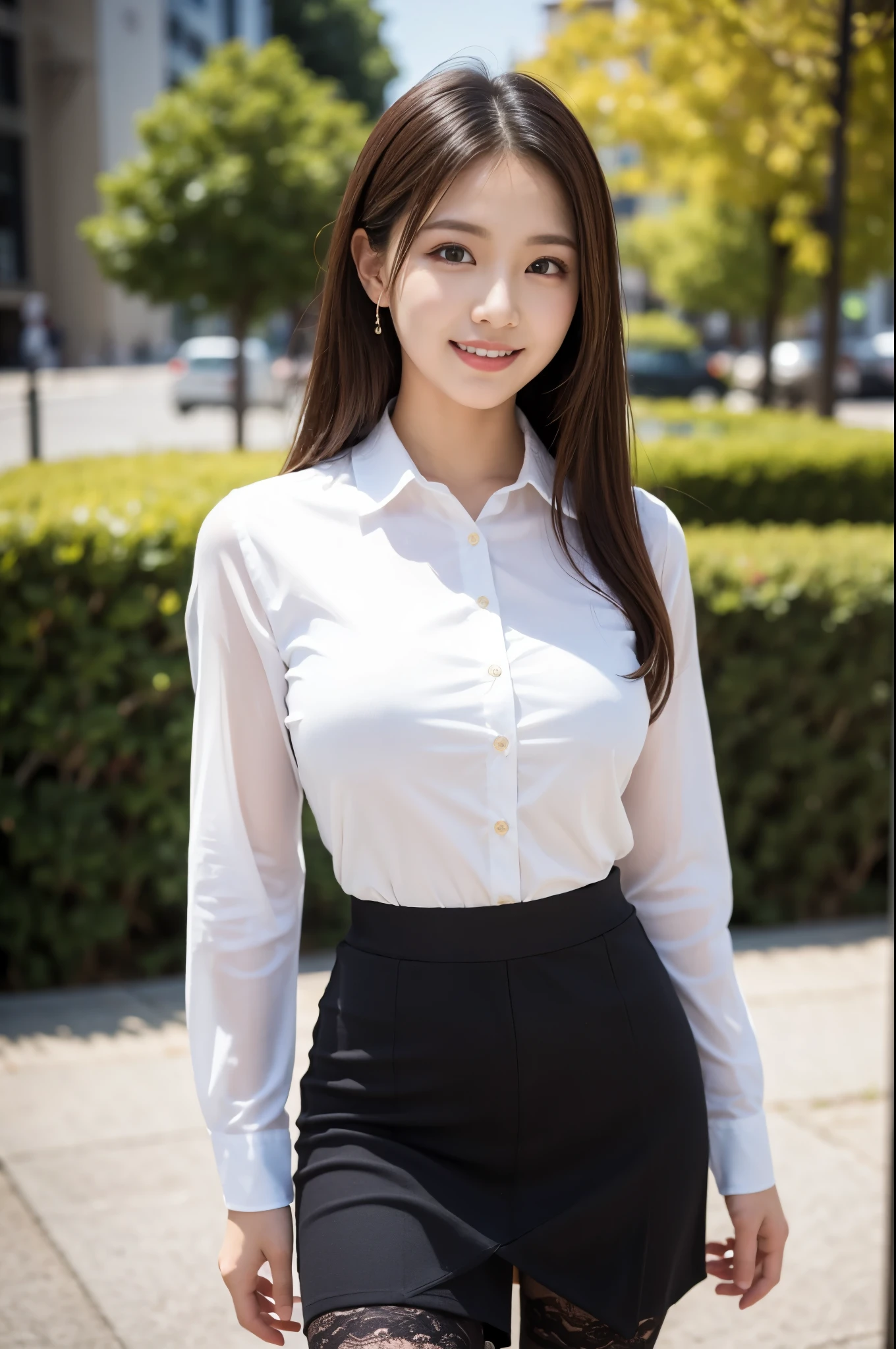 ulzzang-6500-v1.1, (RAW Photos:1.2), (Photorealistic),(Genuine: 1.4), Popular actress、(White shirt:1.2), (black lace skirt:1.3)、(Ultra-realistic pantyhose:1.2), game_Hmph, Ultra-realistic skin texture、Glowing Skin、turn around、Bare thighs!!!、A shy smile、Pose for shooting、sunlight、Quiet park、