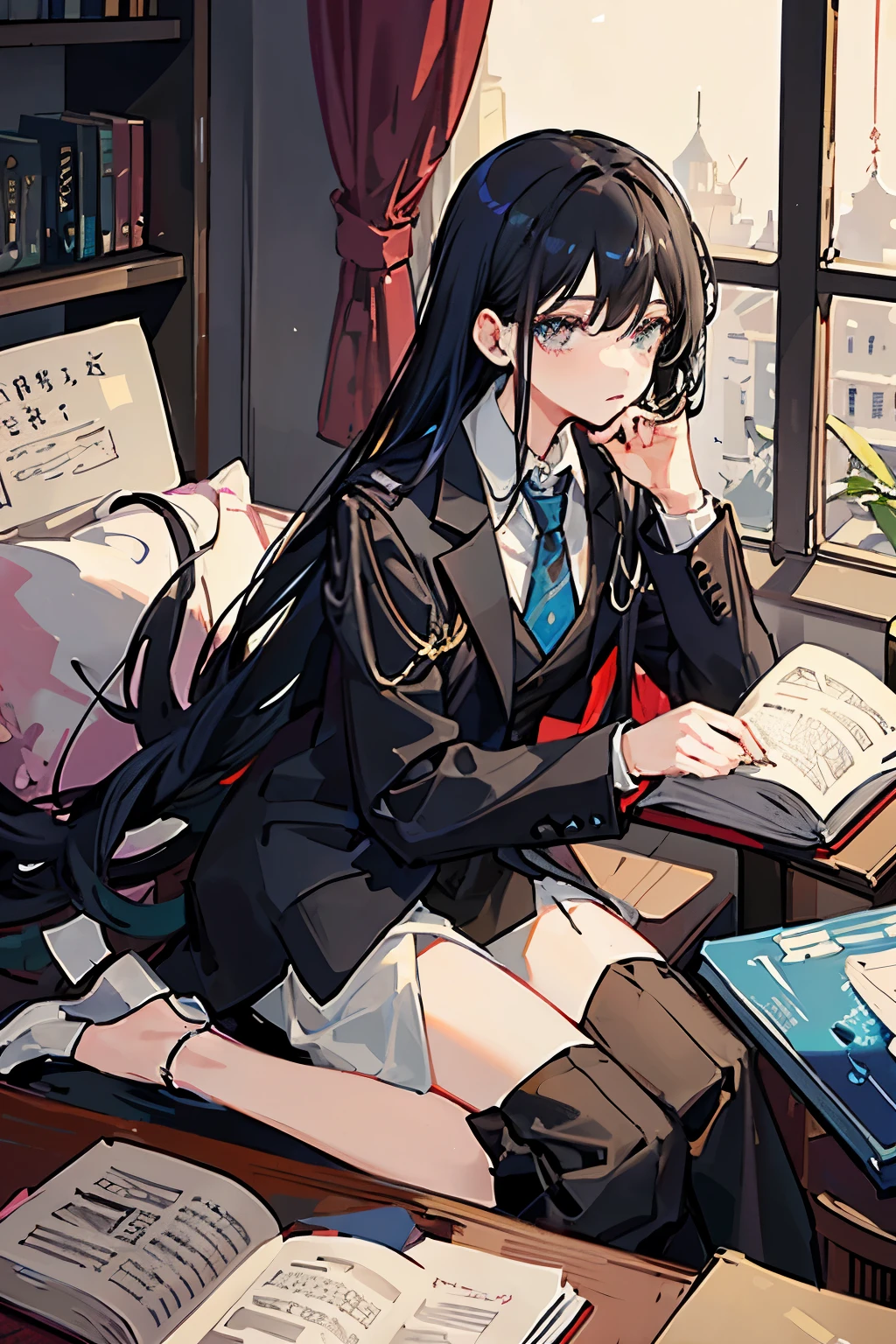 Her waist-length black hair is tied back、Wearing a black suit、Eye color is a calm blue、The background is a room with many books、I have a book in my hand、A man around 25 years old