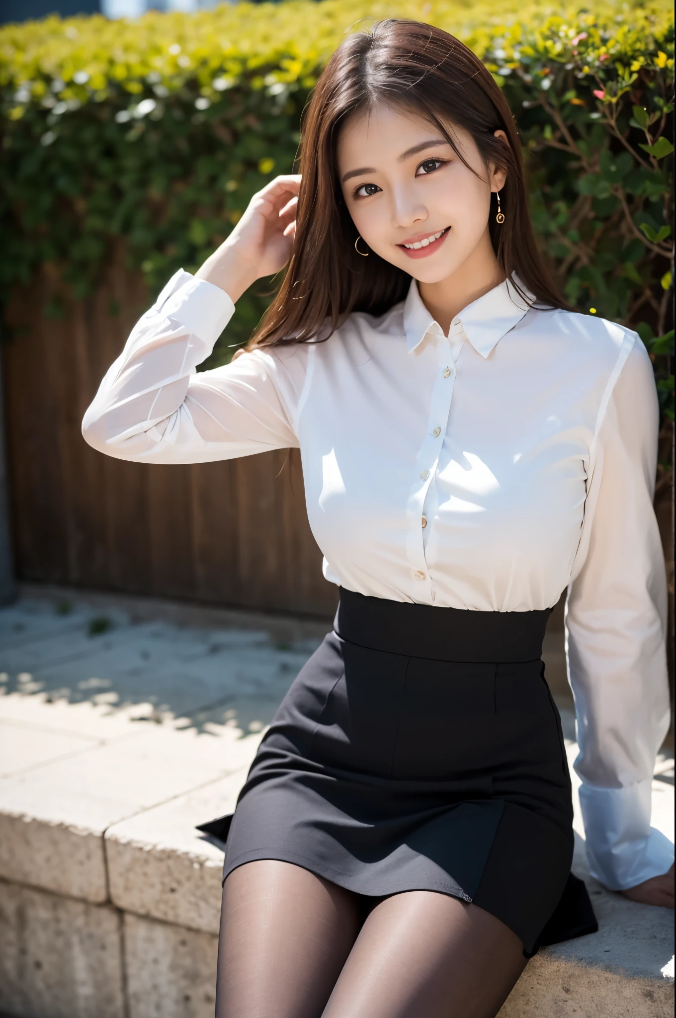 ulzzang-6500-v1.1, (RAW Photos:1.2), (Photorealistic),(Genuine: 1.4), Popular actress、(White shirt:1.2), (black lace skirt:1.3)、(Ultra-realistic pantyhose:1.2), game_Hmph, Ultra-realistic skin texture、Glowing Skin、turn around、Bare thighs!!!、A shy smile、Pose for shooting、sunlight、Quiet park、