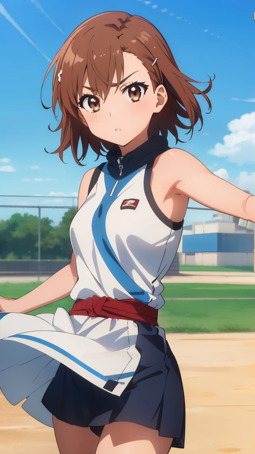 (masterpiece, best quality, 8k:1.2),Very detailed, (anime:1.1), misaka_mikoto, brown hair, medium hair, hairpin, , medium breasts, 1girl, (Battle, fighter, kick, action), Cowboy shot, looking at viewer,