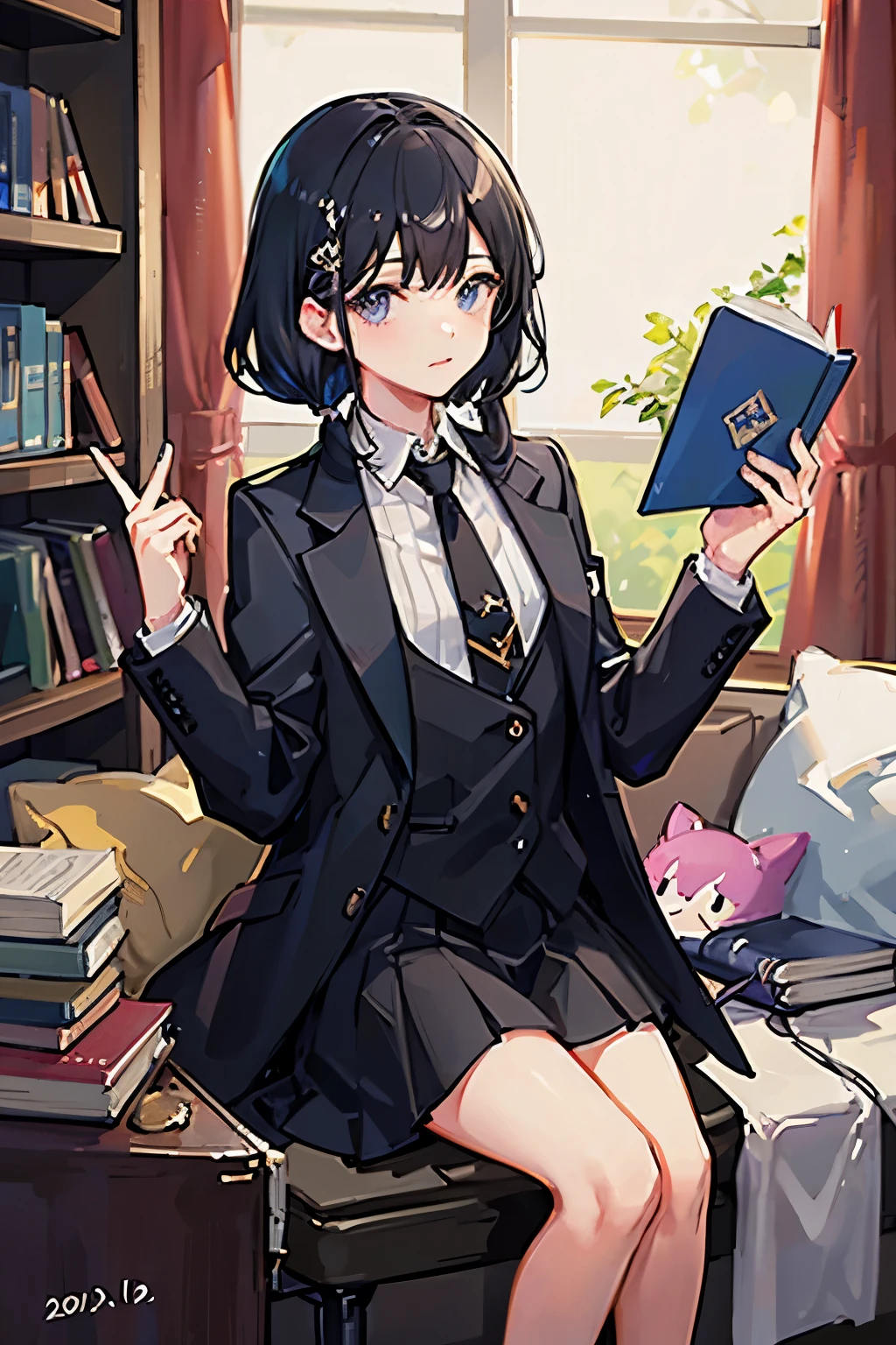 Her waist-length black hair is tied back、Wearing a black suit、Eye color is a calm blue、The background is a room with many books、I have a book in my hand、25歳くらいのmaleの人、male、male性