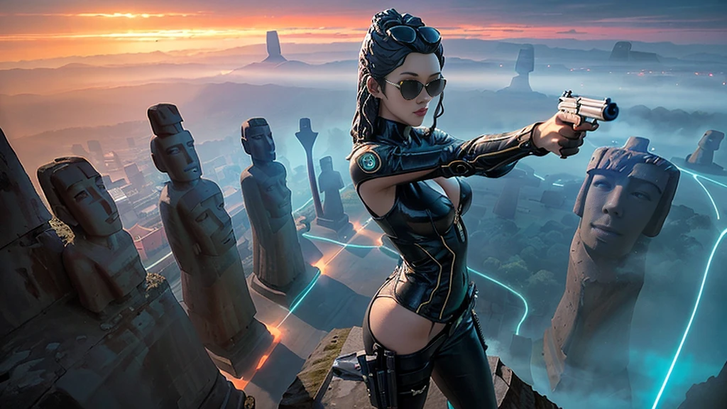 At night, dark sky, aerial view of fantasy cyberpunk style ((Moai-statue)) city, ((flying vehicle)). ((1girl, solo, alone)), photo realistic, medium-breast:1.1 slim body, cleavage, sexy clothes, (black sunglasses), (((hip-up standing and pistol aiming pose))), half-body thigh level medium shot, cinematic lighting.