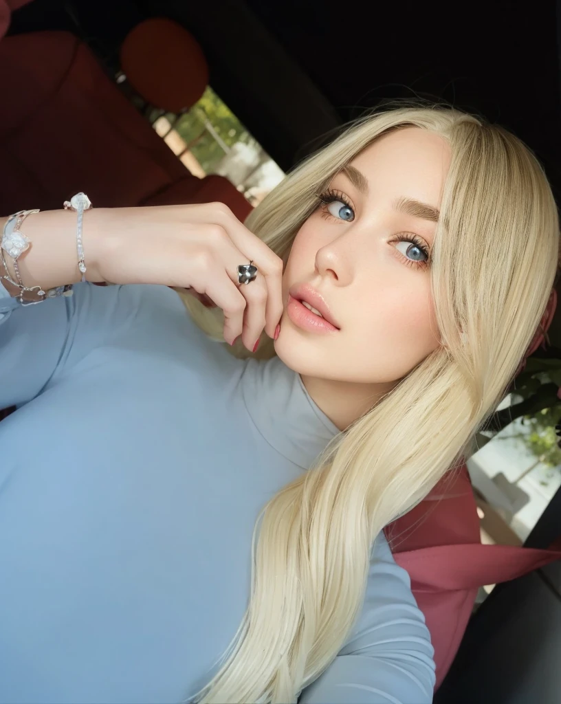 Beautiful girl with platinum blonde hair and beautiful defined waves, round and beautiful eyes, big pink lips, has an angelic face.