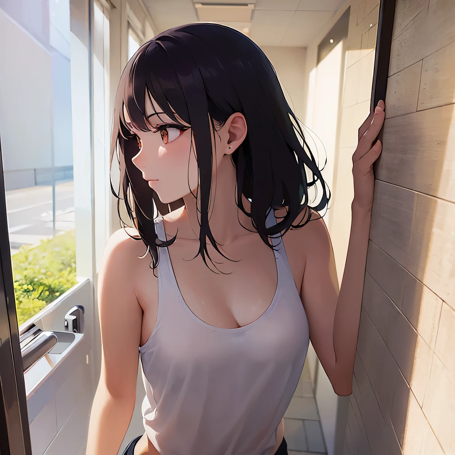 (looking away:1.5), upper body,Realistic, real person, (pale skin: 1.2), RAW photo, photorealistic, shiny skin, shiny hair、 (A 25-year-old woman with medium-length hair and bangs) and (wavy hair) and (brown hair) and (Orange Eyes), The background is the washroom,（pink tank top）、opening the door
