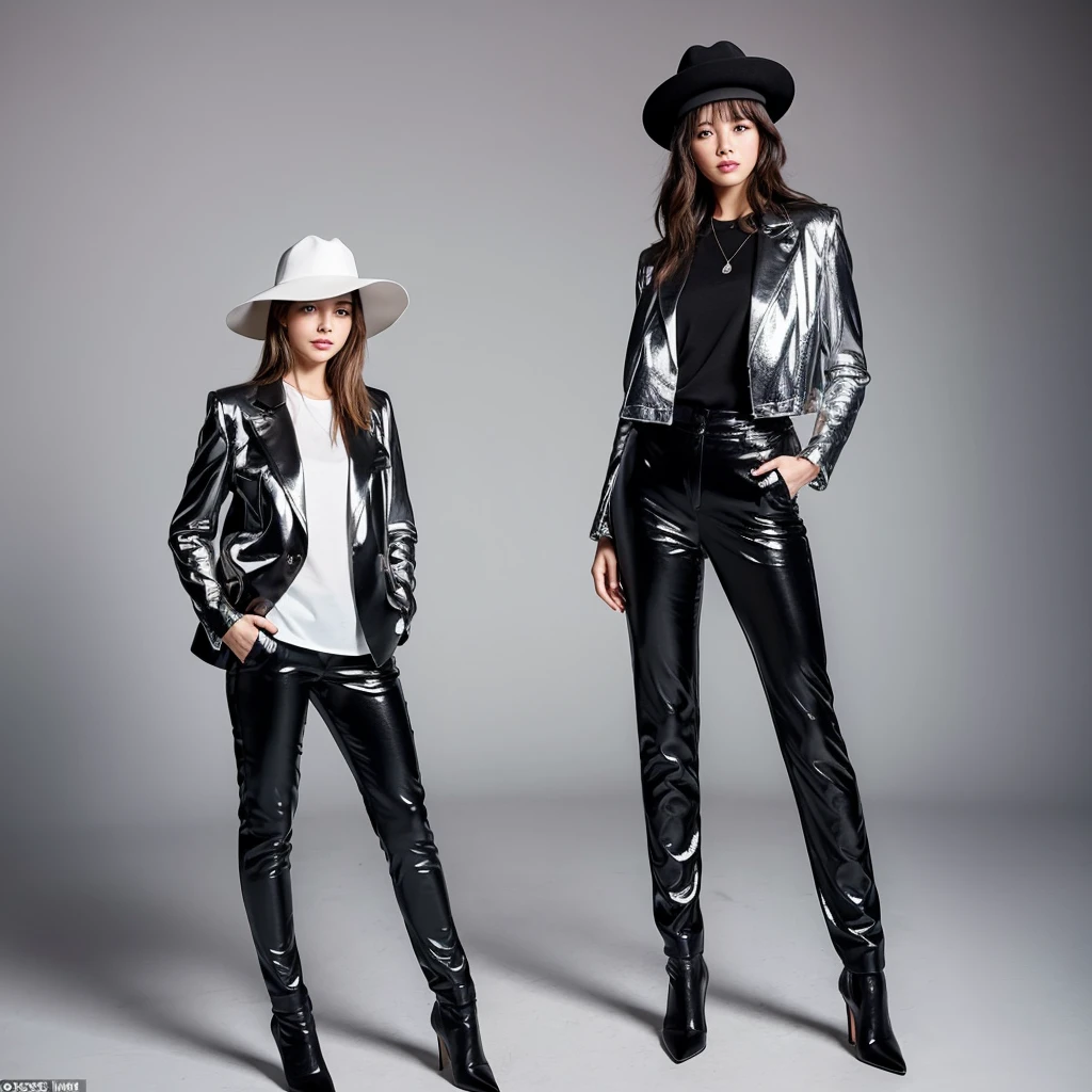 In the light background, there is a woman standing straight, she is wearing a shiny silver blazer, black trousers, and a black wide-brimmed hat, she is in a photo studio