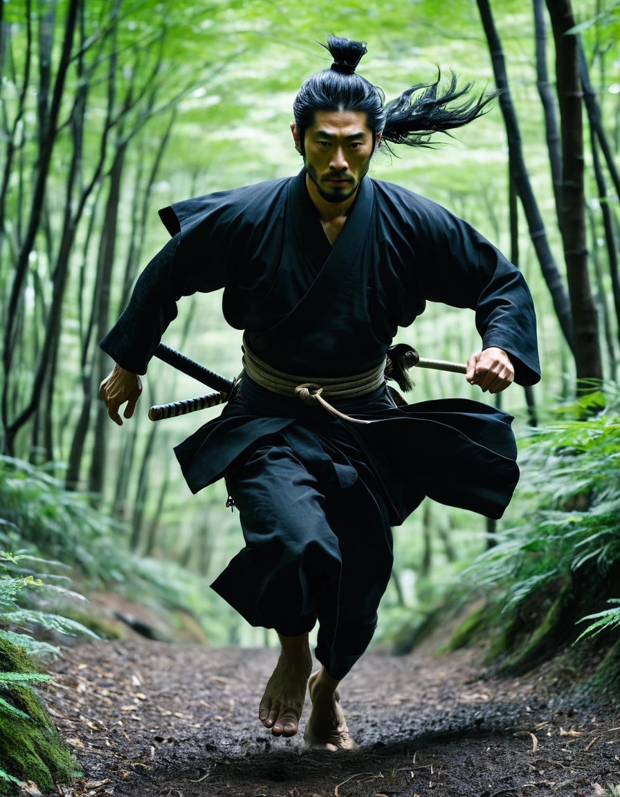 Japanese male samurai running with his back turned、Running through the forest、Black clothes、Total hair、It&#39;s dim, but there&#39;s sunlight in the background.、