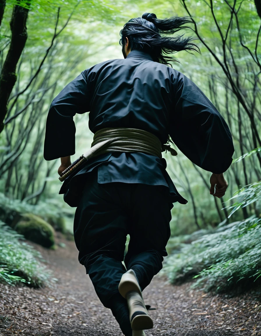 Japanese male samurai running with his back turned、Running through the forest、Black clothes、Total hair、It&#39;s dim, but there&#39;s sunlight in the background.、