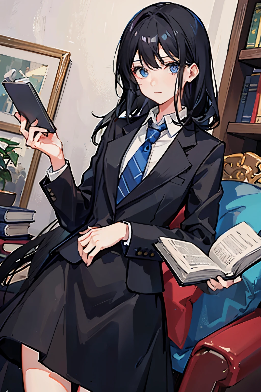 Her waist-length black hair is tied back、Wearing a black suit、Eye color is a calm blue、The background is a room with many books、I have a book in my hand、A man around 25 years old
