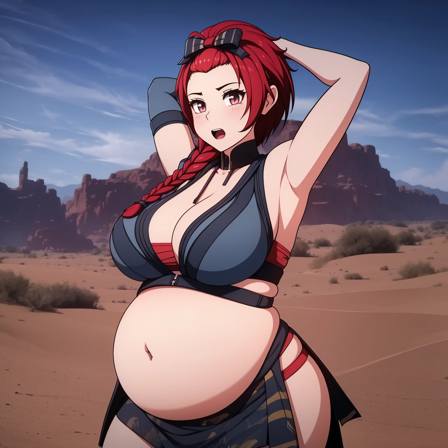 8k, hd, (((masterpiece, best quality))), chixiadef, red colored hair, single braid, thighhighs, sleeveless jacket, open clothes, single thighhigh, asymmetrical legwear, bow, commissioned art, fanart, official artwork, sweet girl, outgoing personality, desert, wastelands, futuristic dystopian, ((big belly, massive belly, giant belly)), shocked, open mouth, (hands behind head:1.4), (solo:1.5)