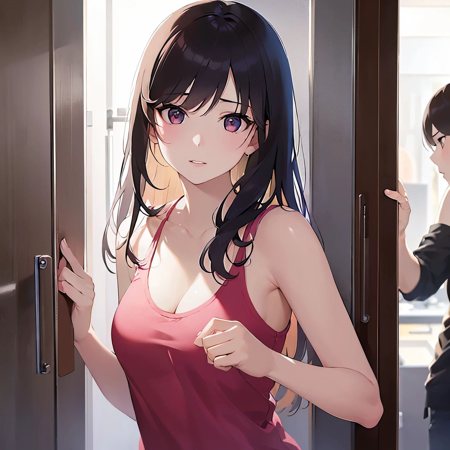 (looking to the side:1.5),leaning forward 、Shooting from the front、upper body,Realistic, real person, (pale skin: 1.2), RAW photo, photorealistic, shiny skin, shiny hair、 (A 25-year-old woman with medium-length hair and bangs) and (wavy hair) and (brown hair) and (Orange Eyes), The background is the washroom,(pink tank top)、opening the door