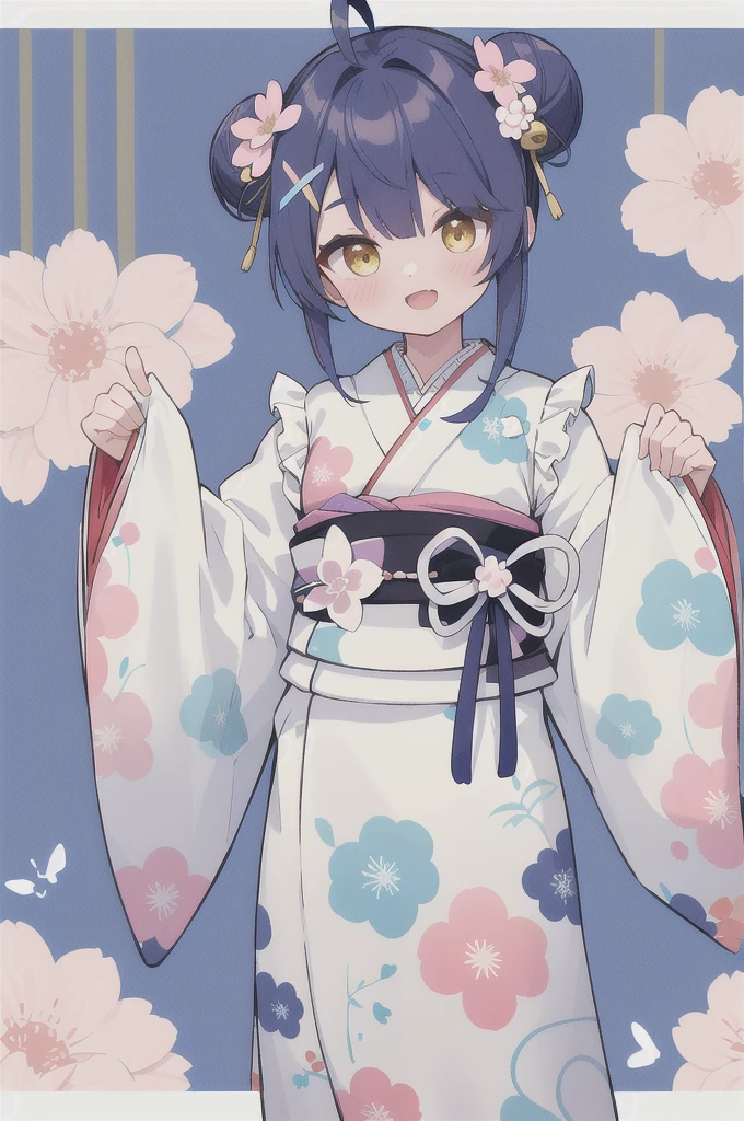 masterpiece, best quality, highres, bbmya, short hair, ahoge, double bun, hair ribbon, hair bow, hair flower, hair bell, x hair ornament, floral print, japanese clothes, frilled kimono, wide sleeves, sleeves past wrists, sash, obi, open mouth, (smile:0.77), (patterned background:1.2),