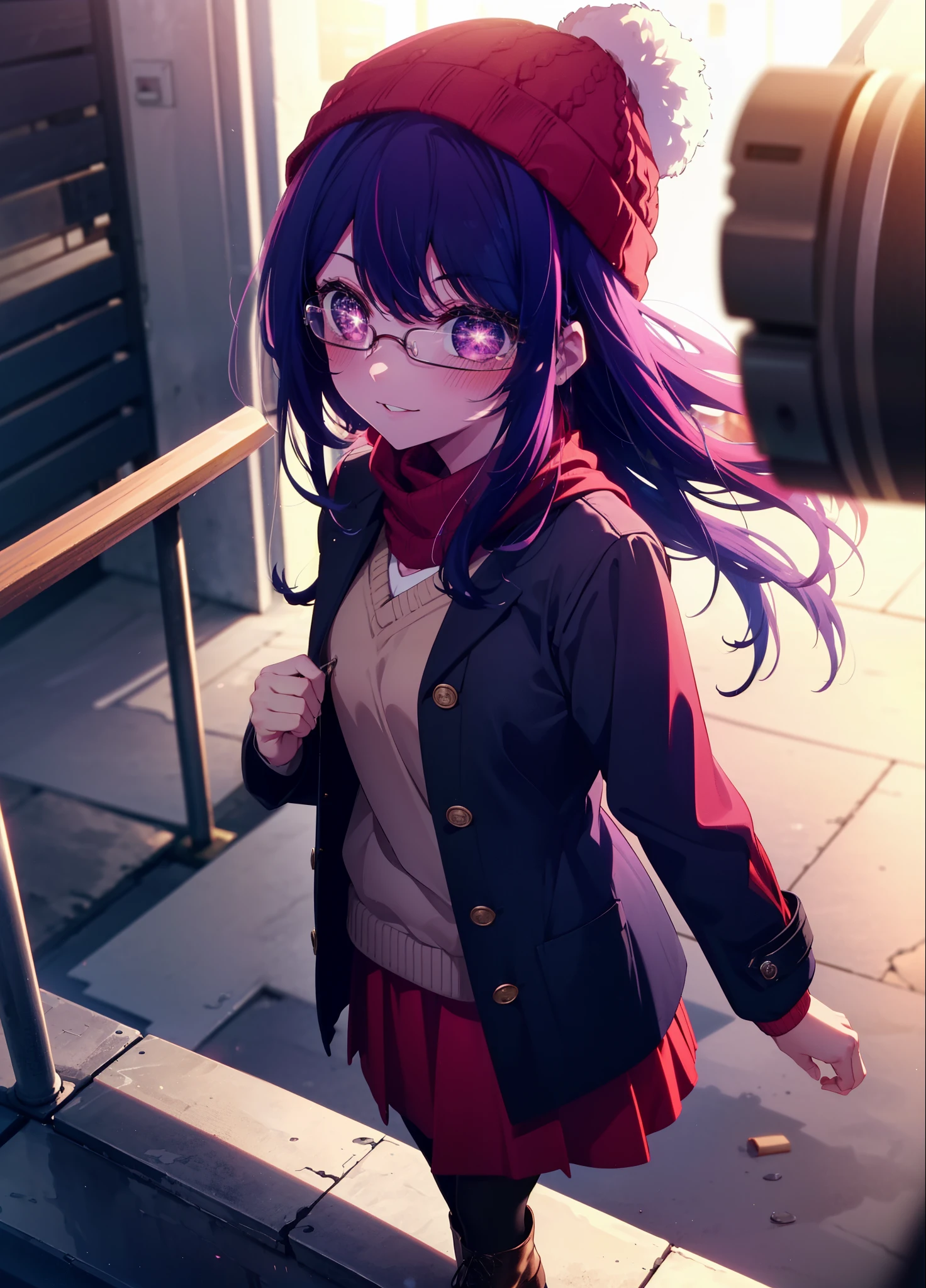 aihoshino, Ai Hoshino, Long Hair, bangs, (Purple eyes:1.1), Purple Hair, (Symbol-shaped pupil:1.5), smile,smile,blush,Open your mouth,Knitted hat,Black-rimmed glasses,Purple long coat,V-neck sweater,Long skirt,Black pantyhose,short boots,Red muffler,It's snowing,Snow is falling,Walking,whole bodyがイラストに入るように, evening,sunset,The sun is setting,
break outdoors, Building district,
break looking at viewer, whole body,
break (masterpiece:1.2), Highest quality, High resolution, unity 8k wallpaper, (figure:0.8), (Beautiful attention to detail:1.6), Highly detailed face, Perfect lighting, Highly detailed CG, (Perfect hands, Perfect Anatomy),