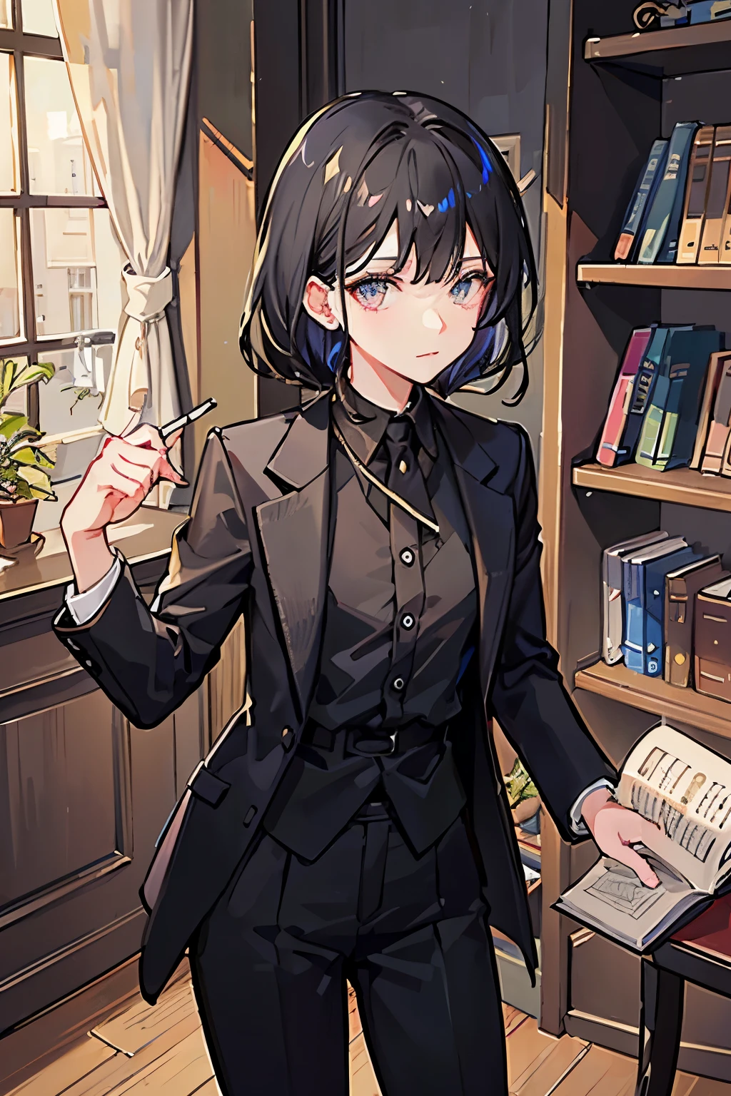 Her waist-length black hair is tied back、Wearing a black suit、Eye color is a calm blue、The background is a room with many books、I have a book in my hand、A man around 25 years old