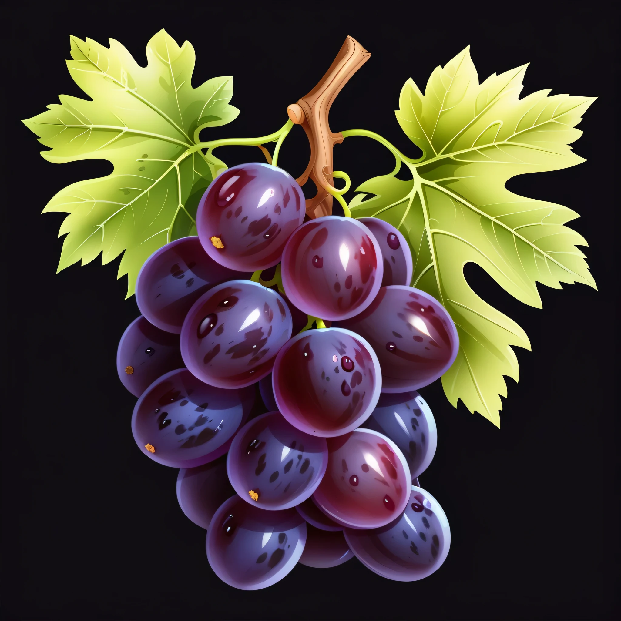 realistic grape, black background, cartoon style