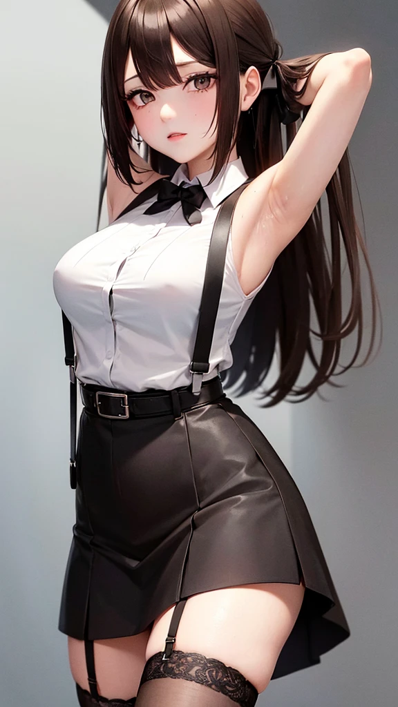 Black skirt, 　Suspenders, Brown hair grey eyes, Garters on legs, Tight clothing, 　　 belt　Armpit sweating　　Poker face　Medium breasts