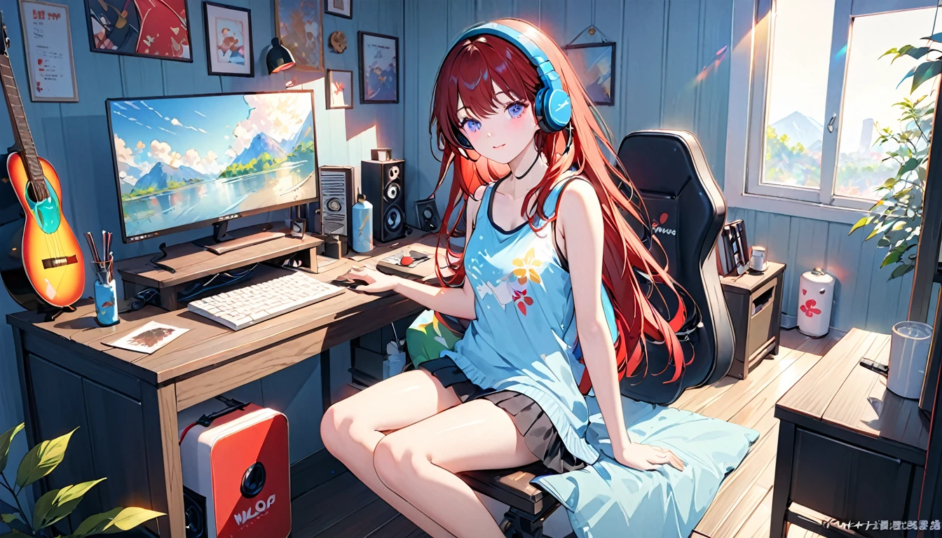 (Absurd:1.1, High resolution:1.1, 超detailed:1.1), 非常にdetailedな, 超detailed hair, (Fine grain:1.4), (Shining Eyes:1.3), thin, cute, Perfectly symmetrical face, narr○w waist, 超cute girl, 超cute face, 超cute, Super beautiful, Beautiful colors, merry (Yanmar gauge),From wlop,((Great quality)), (Beautiful legs), (Clean hands), computer, Upper body rest (Beautiful colors,detailed,Highest quality,Great quality,so beautiful), guitar, Headphones, Tank top,  Jersey, Lighting and Shadows(perspective), Lighting particles, colorful, masterpiece, Very stylish room,