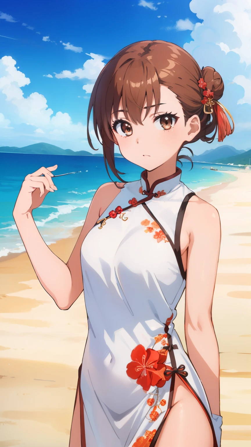 (masterpiece, best quality, 8k:1.2),Very detailed, (anime:1.1), misaka_mikoto, brown hair, medium hair, hairpin, ************, medium breasts, 1girl, (Special clothes43,hair bun,china dress,hair ornament, beach), Cowboy shot, looking at viewer,