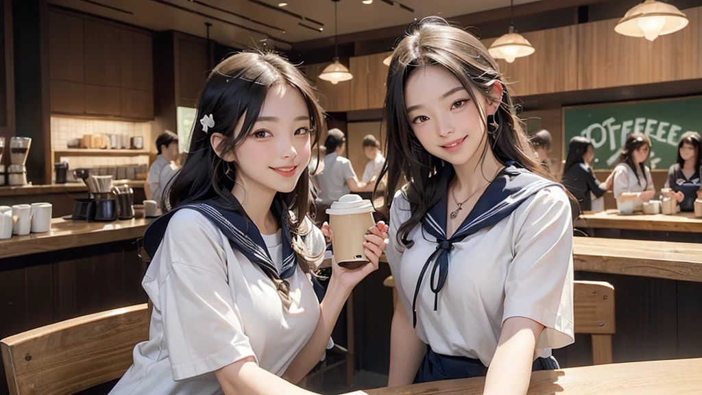 
(((((((Emphasize cleavage)))))))
((((((((A junior high school girl in a  white short-sleeved sailor uniform))))))))
(((((((お洒落でcuteInside the Starbucks store)))))))
8K、RAW Photos、Highest quality、Super detailed、Super Resolution、Ultra HD、8K壁紙、Amazing details



(((((((Inside the Starbucks store)))))))、((((((Sit down and eat cake、Drink Starbucks coffee、smile))))))、((Heart Necklace))




Modern and sleek design：Interior design using natural materials、Many of the designs are warm and madeing wood and metal.。
Large windows：自然光をたっぷり取り入れるためのLarge windowsがあり、Providing a bright and open space。
Green Interior：Potted nts are effectively placed、It creates a relaxing atmosphere。
artwork：Works by local artists、Starbucks-related art on display。
Cozy seating：Cushioned chairs and sofas、Bar sheet etc.、A variety of seating options available。
Open kitchen area：Being able to see how drinks and food are made、We prde peace of mind and transparency。
Unique lighting：Antique lamps and chandeliers、Modern lighting fixtures are used。
Comfortable background music：Relaxing music is playing、A comfortable space is provided。
Wide々Table space：一人でもグループでも使いやすいWide々There is a table with。
Community Table：There is a large table where you can socialize with other customers.。
Seasonal decorations：The decorations are themed according to the season.。
Design with a local feel：The design incorporates the local culture and characteristics.。
Fragrance production：コーヒーの香りが店内にWideがり、A space that satisfies the five senses has been created.。
Conversation with a barista：フレンドリーなConversation with a baristaが楽しめるカウンターエリアがあります。




8K、RAW Photos、Highest quality、masterpiece:1.2、Super detailed、Super Resolution、Ultra HD、8K壁紙、Amazing details、Photorealistic:1.4、Having fun by the water、Full Body Shot、Full body photo、High-resolution RAW color photos、Professional photos、A scene full of emotion、Very detailed and beautiful、Ultra HD、8K壁紙、Amazing details、Huge file sizes、Highly detailed beautiful girls、Highly detailed face Highly detailed eyes、Extremely realistic skin、 Highly detailed fingers, Highly detailed nose, Highly detailed mouth, Perfect Anatomy, Highly detailed background, Highly detailed clothing, Teen, cute女の子mous Japanese Idols, cute, Realistic body, Slender, White skin, Glowing Skin, Slim body, Realistic Face, Delicate eyes, double eyelid, 



