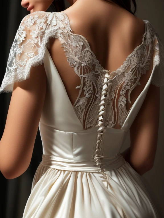 ((Close-up of the back from shoulder to waist))、Beautiful, intricate and delicate white lace、Highly detailed white lace、White lace with a unique pattern、(highest quality、4k、8k、High resolution、masterpiece:1.2)、Super detailed、(Real、Photorealistic、Photorealistic:1.37)、Exquisite craftsmanship、Luxurious texture、ornate designs、elegant、soft、Sparkling、Shine、Shine、Iridescent、Ethereal、(The back of a woman in a lace dress)、Beautiful and detailed back、Beautiful and detailed shoulders、Highly detailed eyes and hips、Tight waist、Gentle curves、Graceful pose、Natural lighting、Warm Tone Palette、Chiaroscuro、Atmospheric、Cinematic