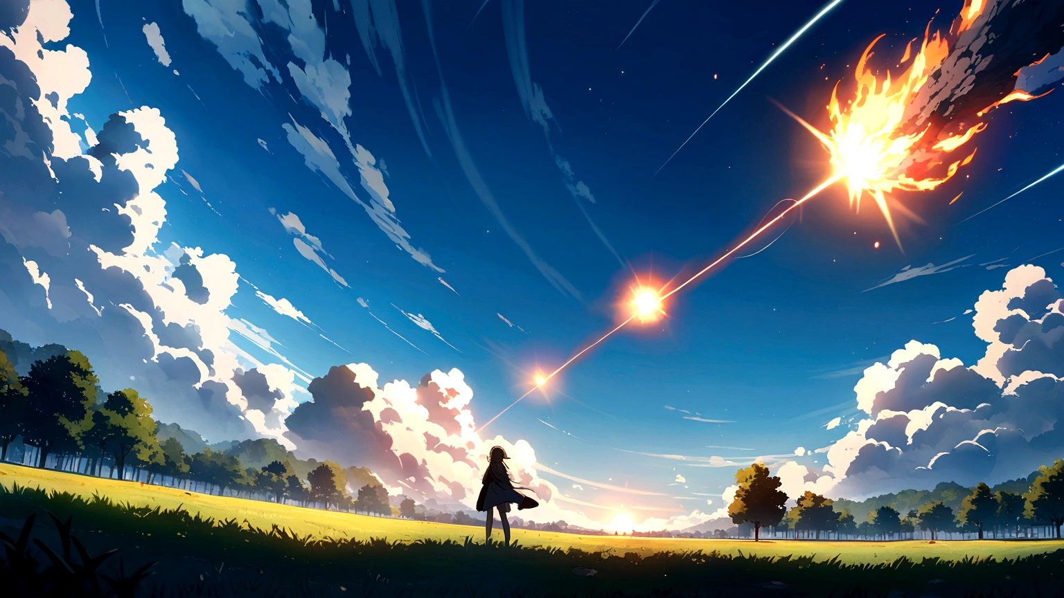 open sky, peaceful park, anime style, meteor approaching, fiery trail, dramatic, daytime, bright light from meteor