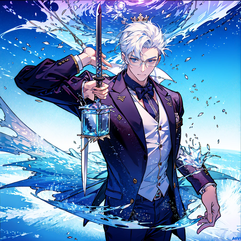 masterpiece , best quality , man , suit , White , ice , sword , anime , sky , glass , cool , king,