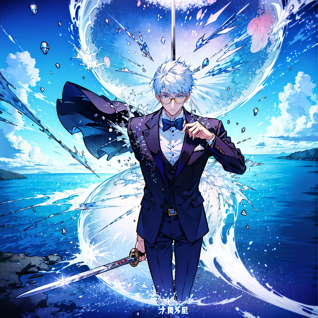 masterpiece , best quality , man , suit , White , ice , sword , anime , sky , glass , cool , king,