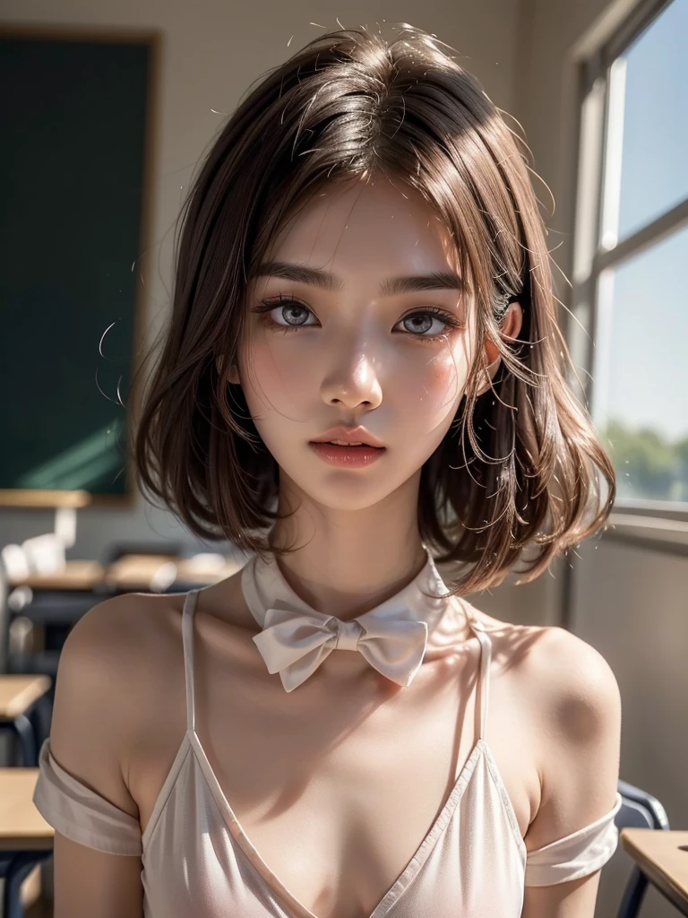 4K,((Highest quality)),((masterpiece)),BREAK,((one girl)),(detailed),((in classroom)), ((One girl)),((perfect anatomy)),((nude)),((12 years old)),((flat chest:1.5)),(slender),(skinny),(bob cut hair),(show nipples),surprised, ((beautiful realistic face)), strong facial expression,(sharp eye:1.2),(scowl:1.1),(embarrassed,blush:1.3),(steam:0.8),(wet:0.8),(sweat:0.8),(trembling:1.3),(parted lips:1.3),(harf open eyes:1.4),(feeling weak:1.5),Beautiful Korean Women, Beautiful young Korean woman, Young and adorable Korean face, Gorgeous Young Korean Woman, Korean Girls, Girl cute beautiful face, Portraits of Korean female idols, Young and pretty Asian face, Cute natural anime face,Asian pretty face,((finely detailed face)),((glistening eyes)),((glistening eyes )),((large eyes)),(( pretty eyes)),(detailed),Perfect Face,((One girl)),((clear eyes)),((show nipples)),((beautiful skin)),don't wear anything,(upper body),((White Shirt)),((A bow tie)),(show nipples)