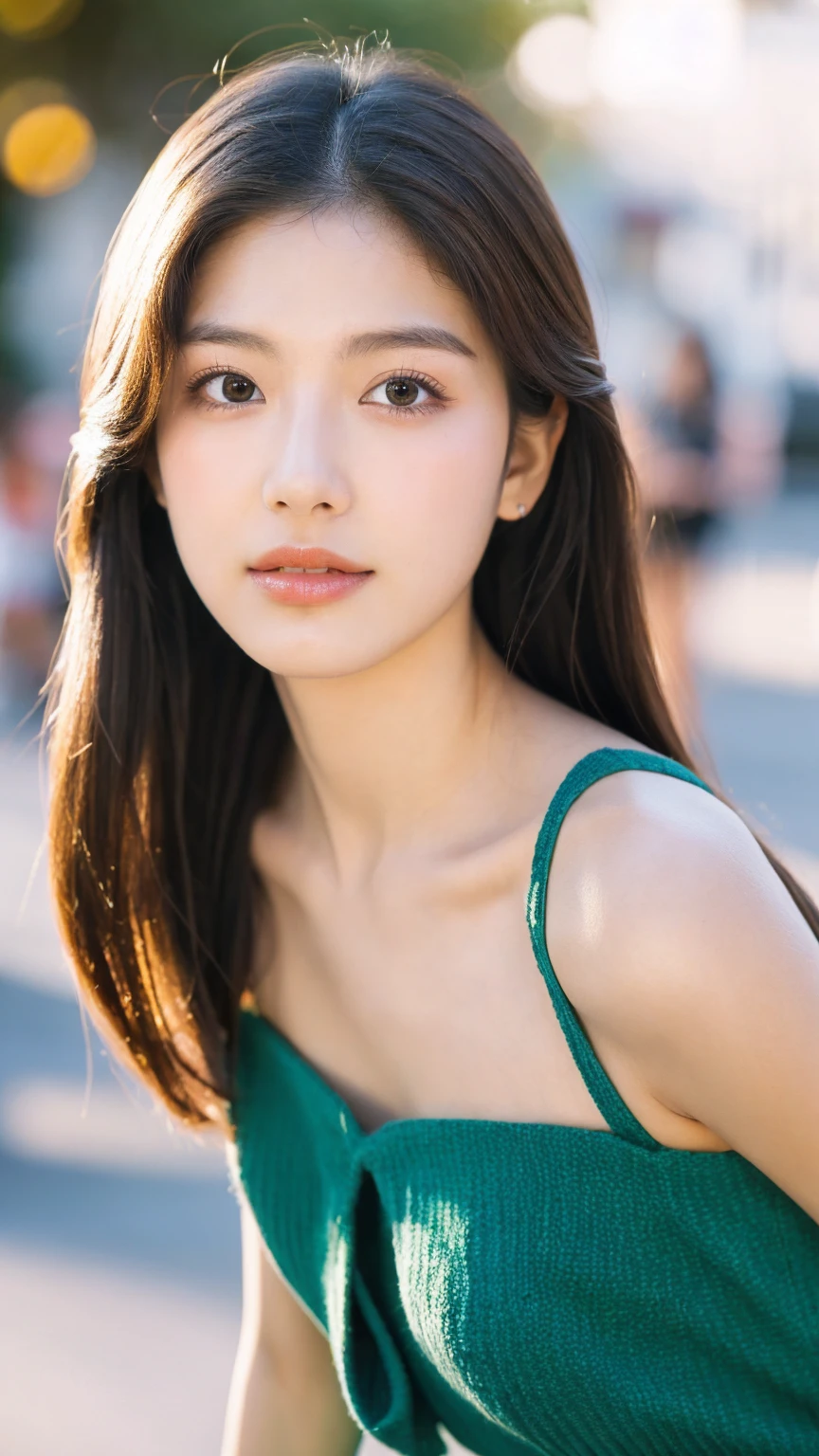 ((Best quality, 8K, masterpiece:1.3)),1girl,18 years old,Asian,Real texture:1.3,(Background blur:1.1),Dress Up,Tall and slender figure:1.2,(Hot summer weather),(street:1.3),Highly detailed face and skin textures,Exquisite eyes,Long eyelashes,Double eyelids,Skin Whitening,happy,Various postures,Big breasts